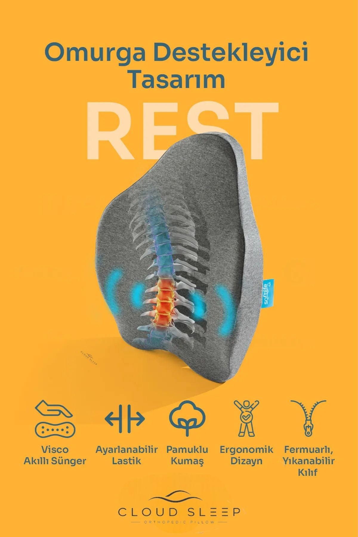 REST Ortopedik Visco Sırt ve Bel Destek Yastığı Bel Destek Minderi