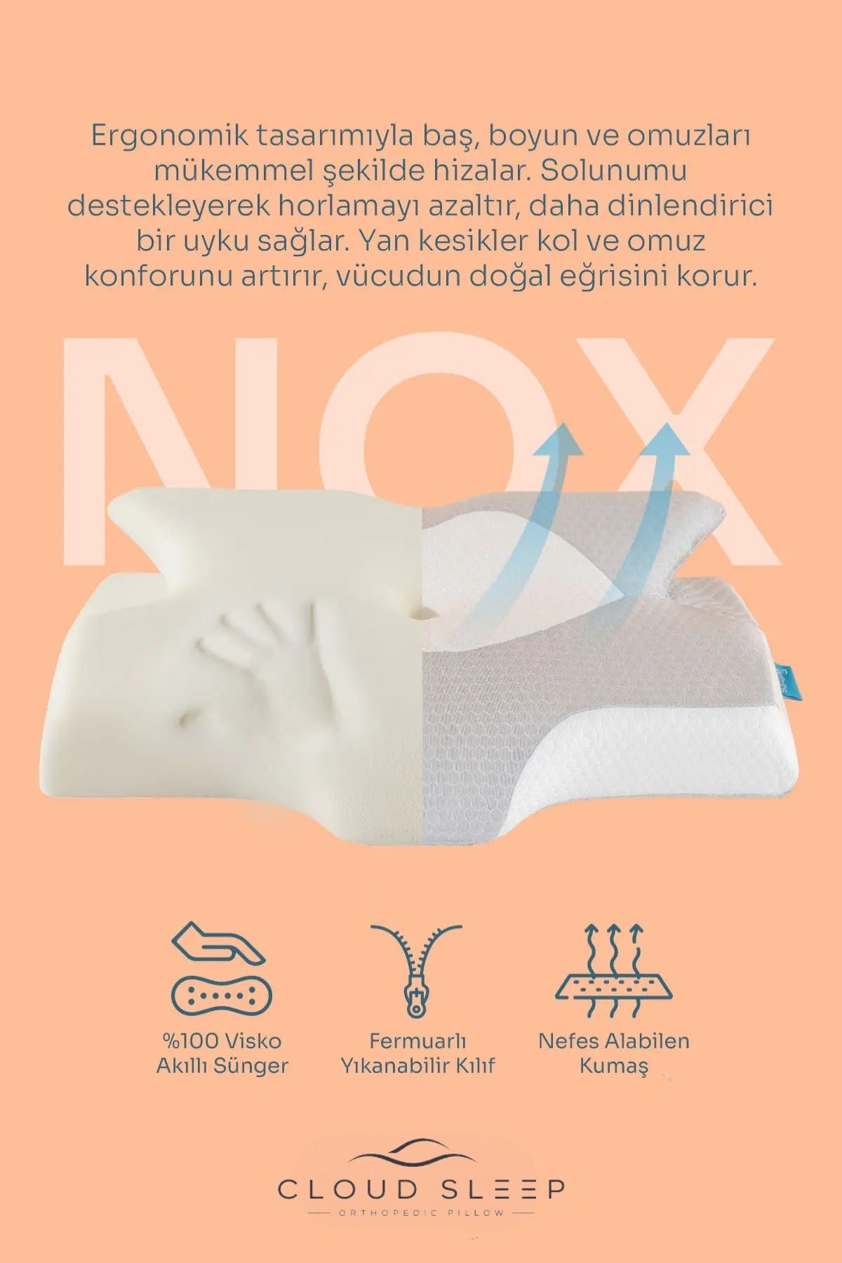 NOX Boyun Destekli Ortopedik Visco Yastık Gri – Rahat Uyku ve Güzellik Yastığı